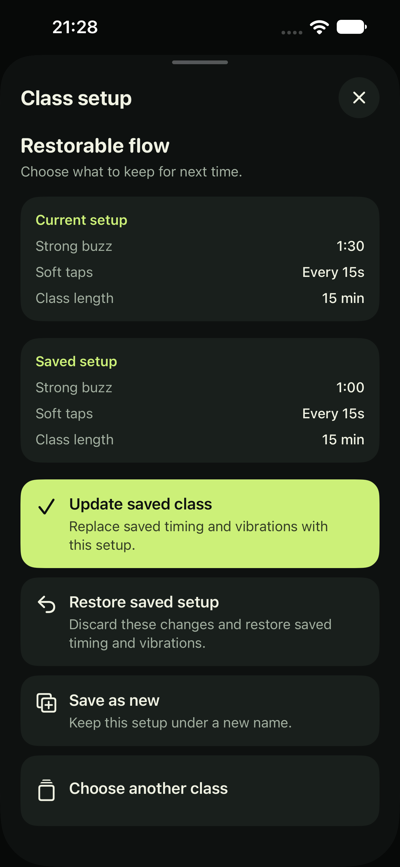 Class setup comparison with current and saved timing, plus Update saved class, Restore saved setup, and Save as new actions.